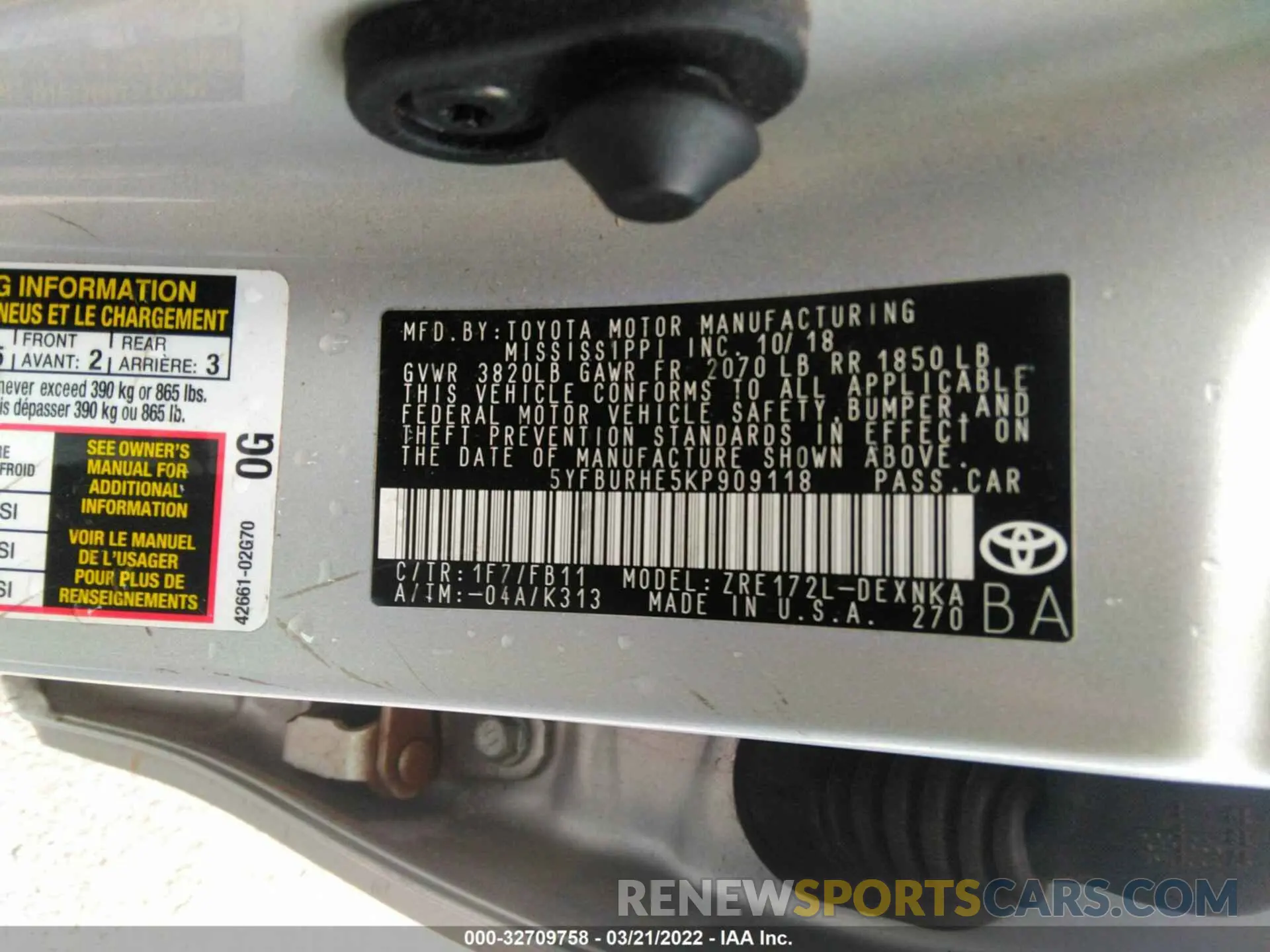 9 fotografías del automóvil dañado 5YFBURHE5KP909118 TOYOTA COROLLA 2019