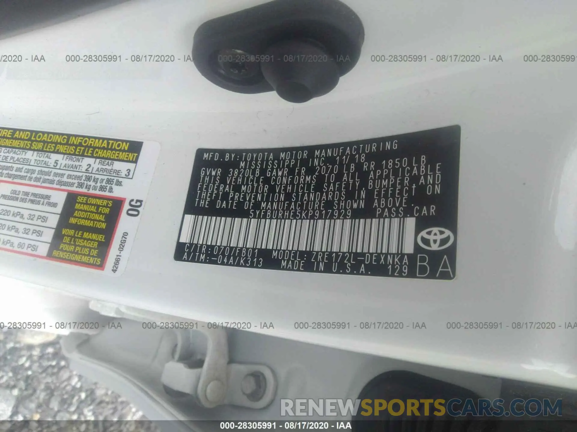 9 fotografías del automóvil dañado 5YFBURHE5KP917929 TOYOTA COROLLA 2019