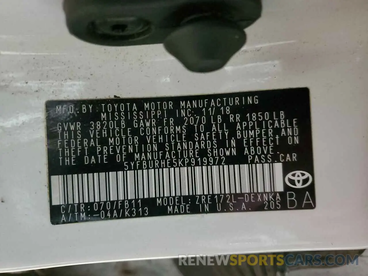 12 fotografías del automóvil dañado 5YFBURHE5KP919972 TOYOTA COROLLA 2019