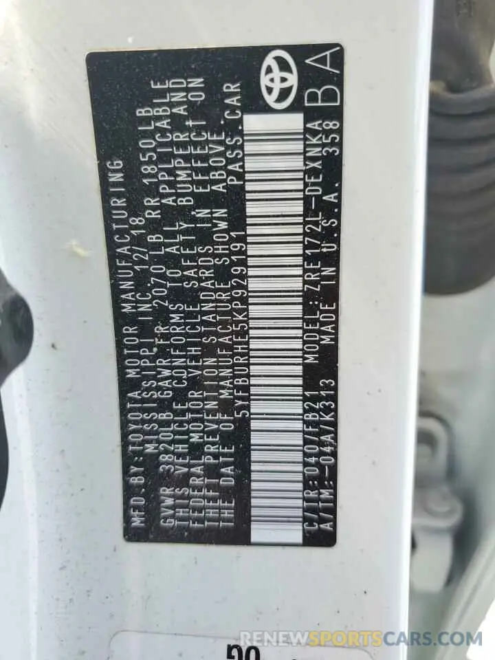 12 fotografías del automóvil dañado 5YFBURHE5KP929191 TOYOTA COROLLA 2019