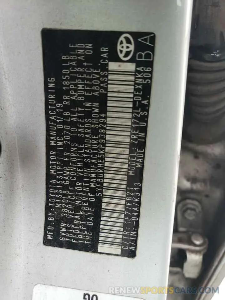 12 fotografías del automóvil dañado 5YFBURHE5KP938294 TOYOTA COROLLA 2019