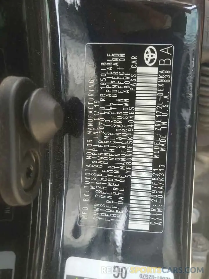 12 fotografías del automóvil dañado 5YFBURHE5KP940465 TOYOTA COROLLA 2019