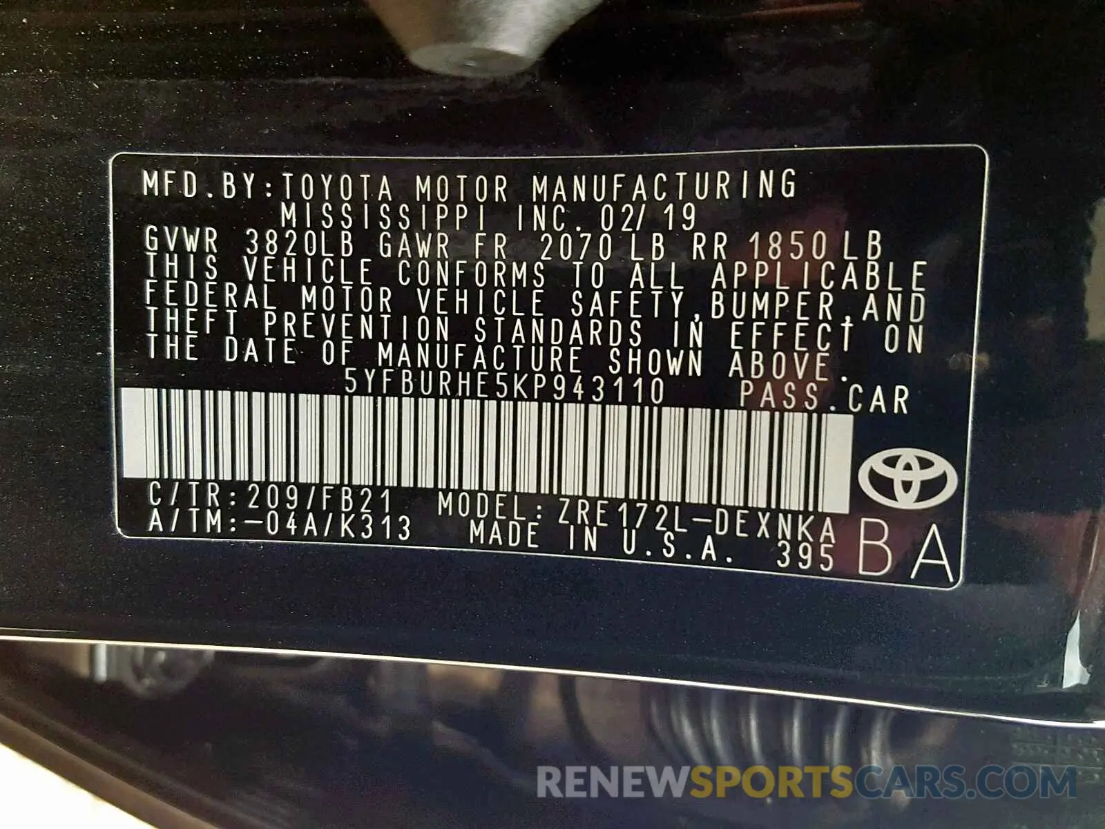 10 fotografías del automóvil dañado 5YFBURHE5KP943110 TOYOTA COROLLA 2019