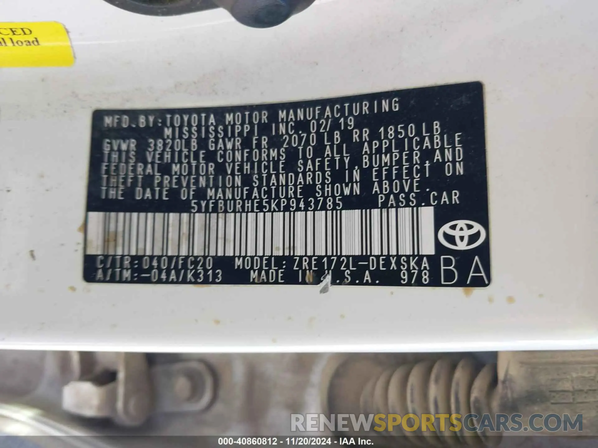 9 fotografías del automóvil dañado 5YFBURHE5KP943785 TOYOTA COROLLA 2019