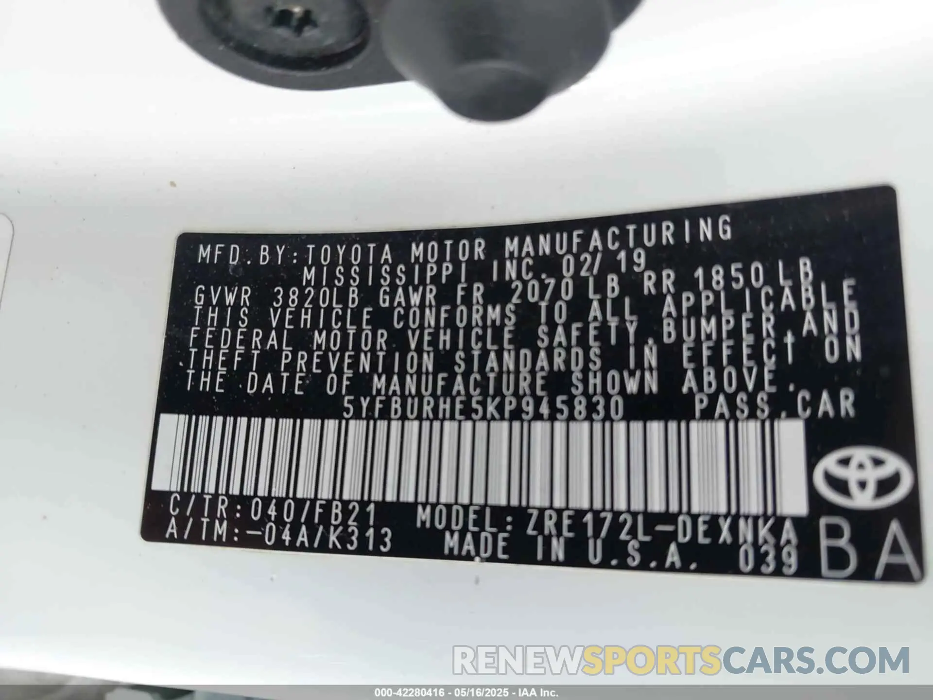 9 fotografías del automóvil dañado 5YFBURHE5KP945830 TOYOTA COROLLA 2019