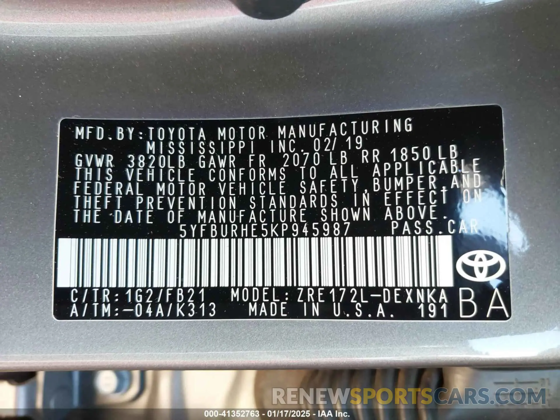 9 fotografías del automóvil dañado 5YFBURHE5KP945987 TOYOTA COROLLA 2019