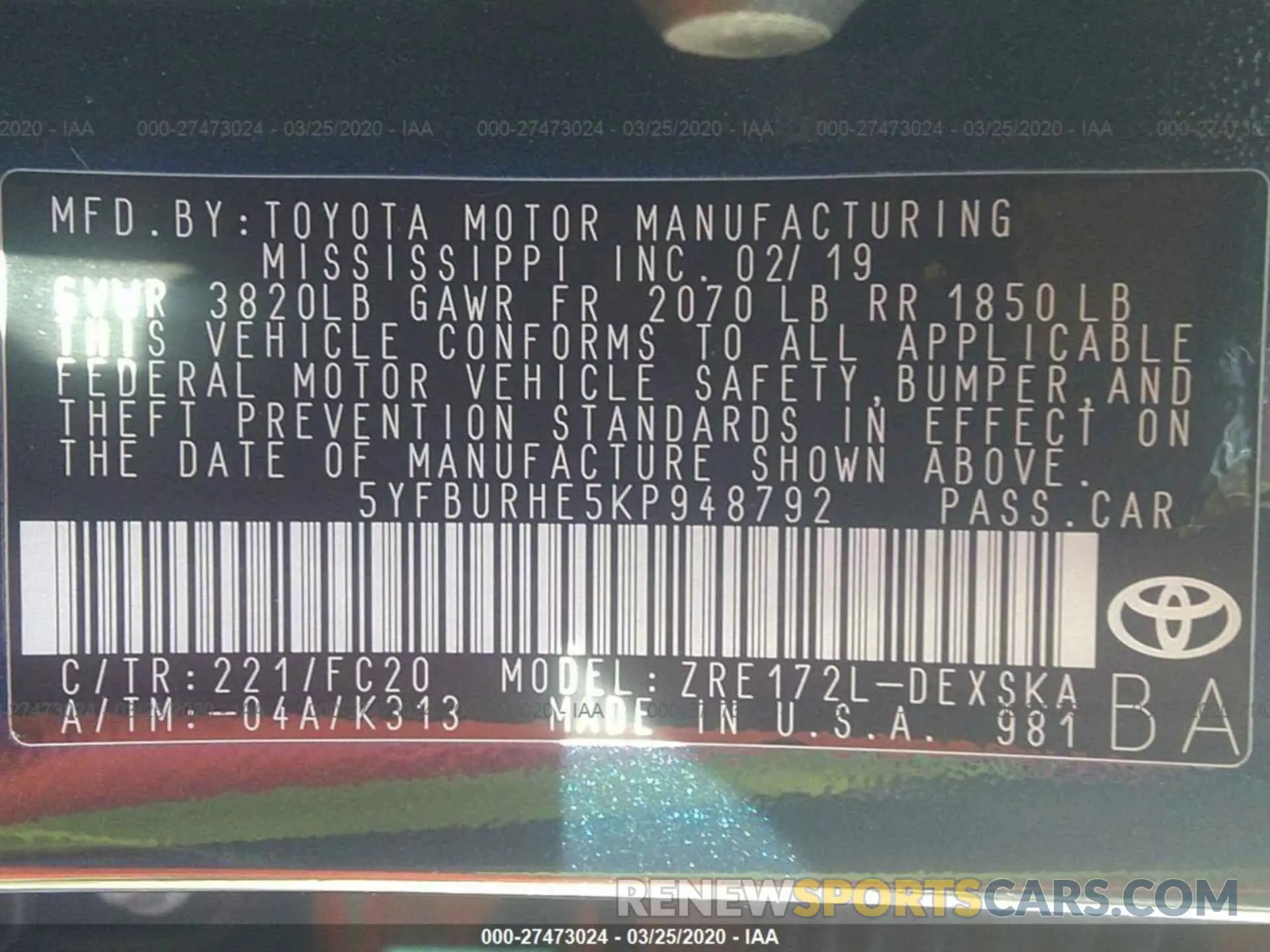 9 fotografías del automóvil dañado 5YFBURHE5KP948792 TOYOTA COROLLA 2019