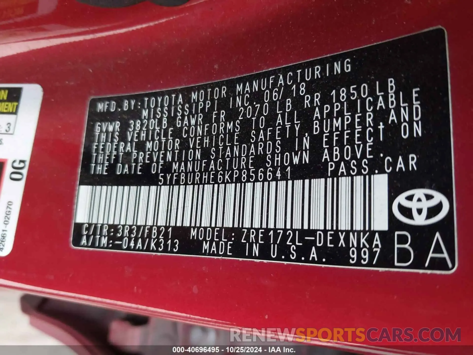 9 fotografías del automóvil dañado 5YFBURHE6KP856641 TOYOTA COROLLA 2019