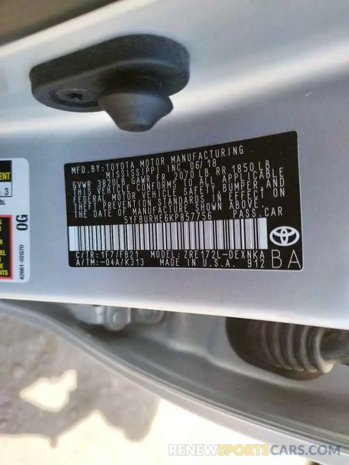 10 fotografías del automóvil dañado 5YFBURHE6KP857756 TOYOTA COROLLA 2019