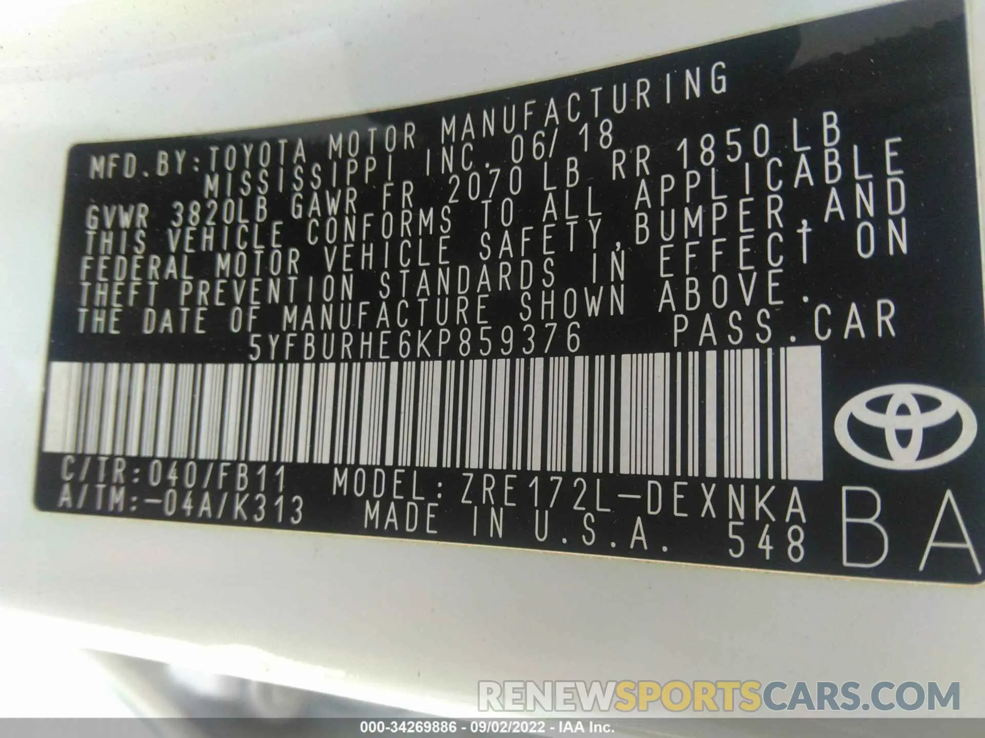 9 fotografías del automóvil dañado 5YFBURHE6KP859376 TOYOTA COROLLA 2019