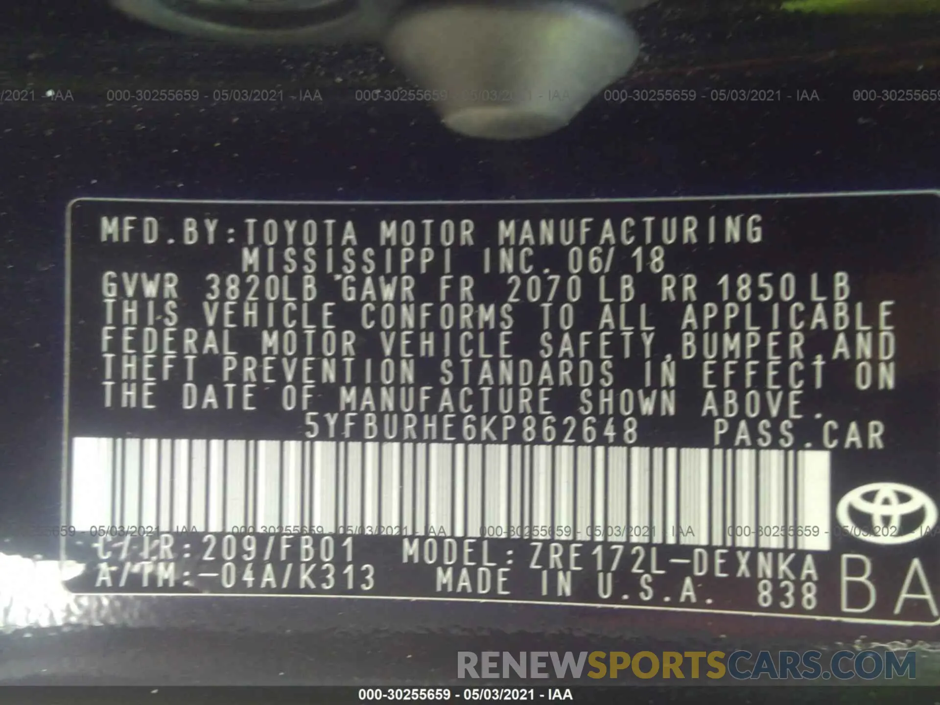 9 fotografías del automóvil dañado 5YFBURHE6KP862648 TOYOTA COROLLA 2019