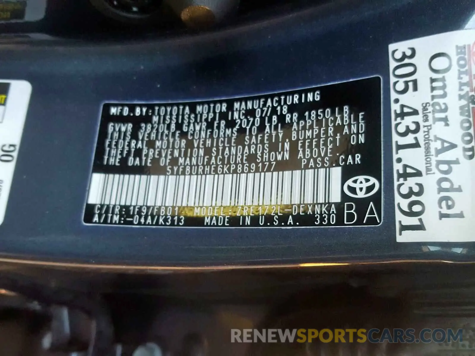 10 fotografías del automóvil dañado 5YFBURHE6KP869177 TOYOTA COROLLA 2019