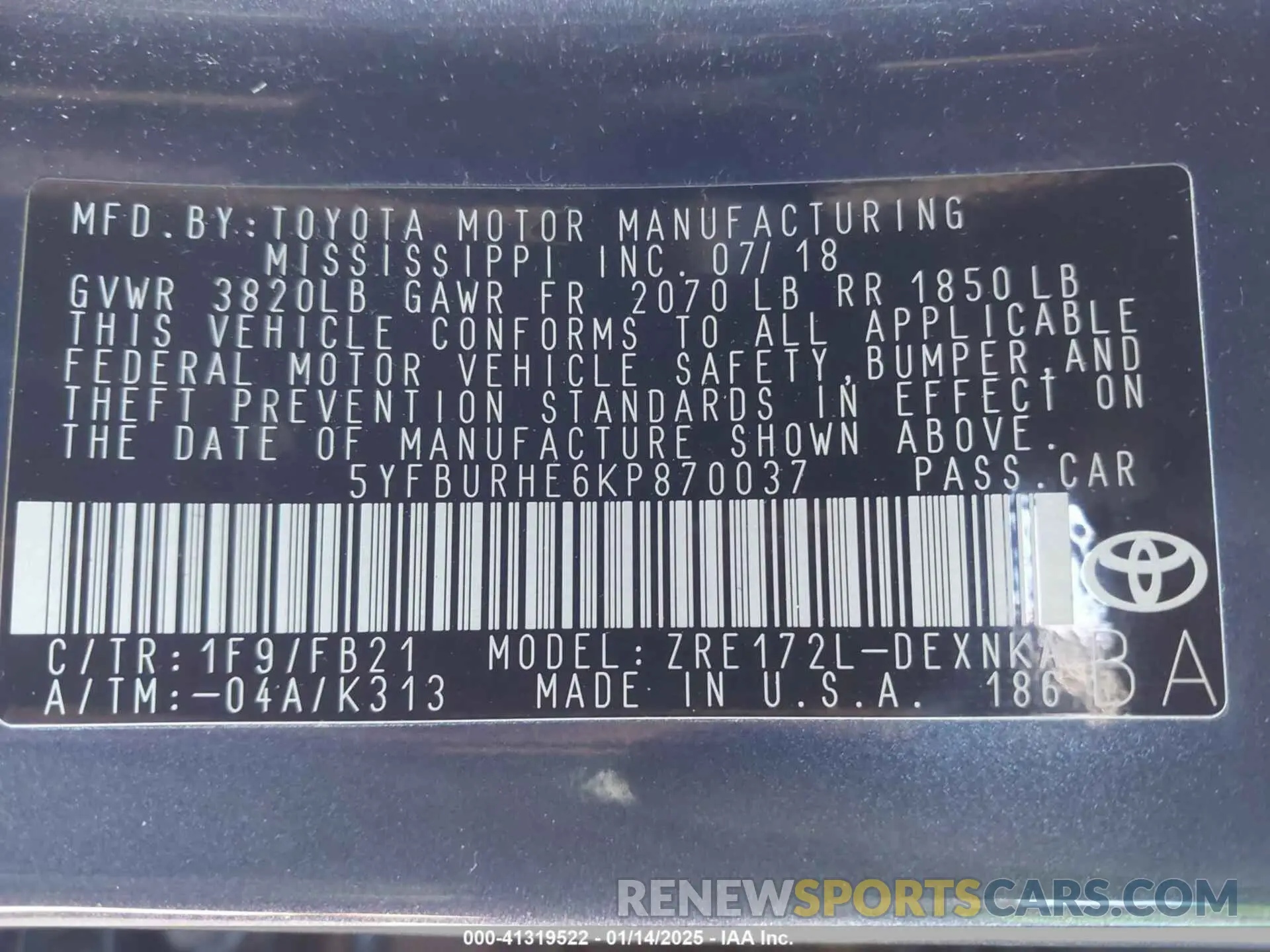 9 fotografías del automóvil dañado 5YFBURHE6KP870037 TOYOTA COROLLA 2019
