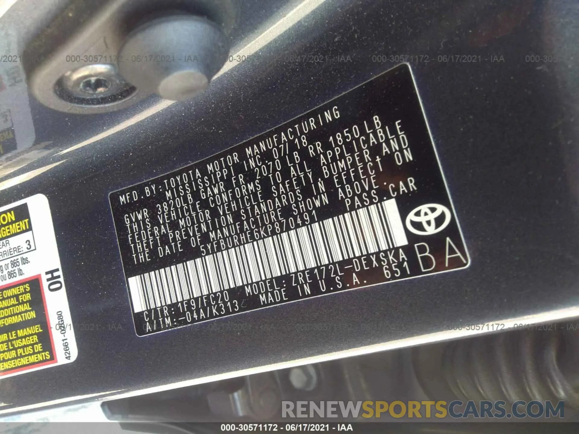 9 fotografías del automóvil dañado 5YFBURHE6KP870491 TOYOTA COROLLA 2019