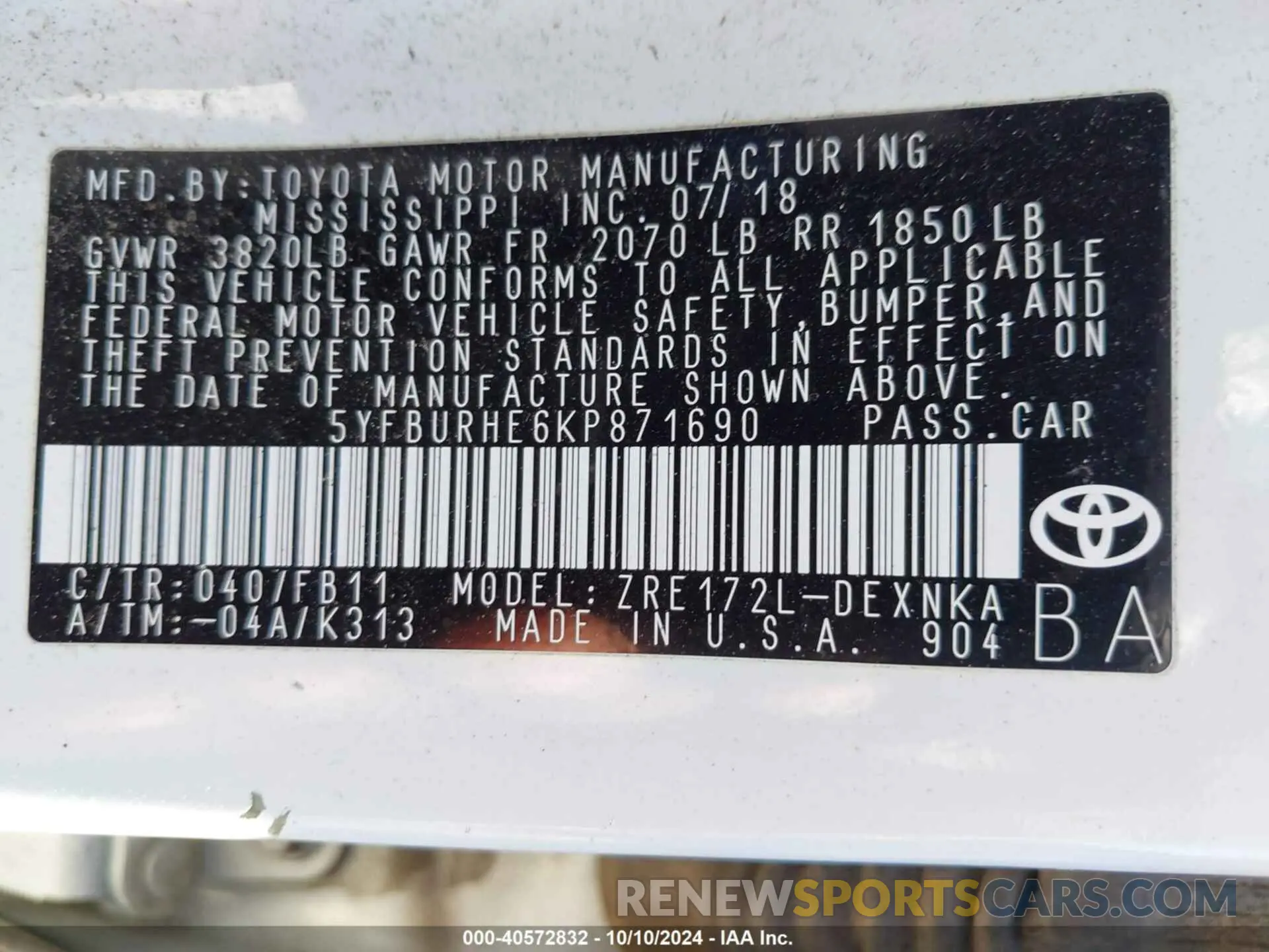 9 fotografías del automóvil dañado 5YFBURHE6KP871690 TOYOTA COROLLA 2019
