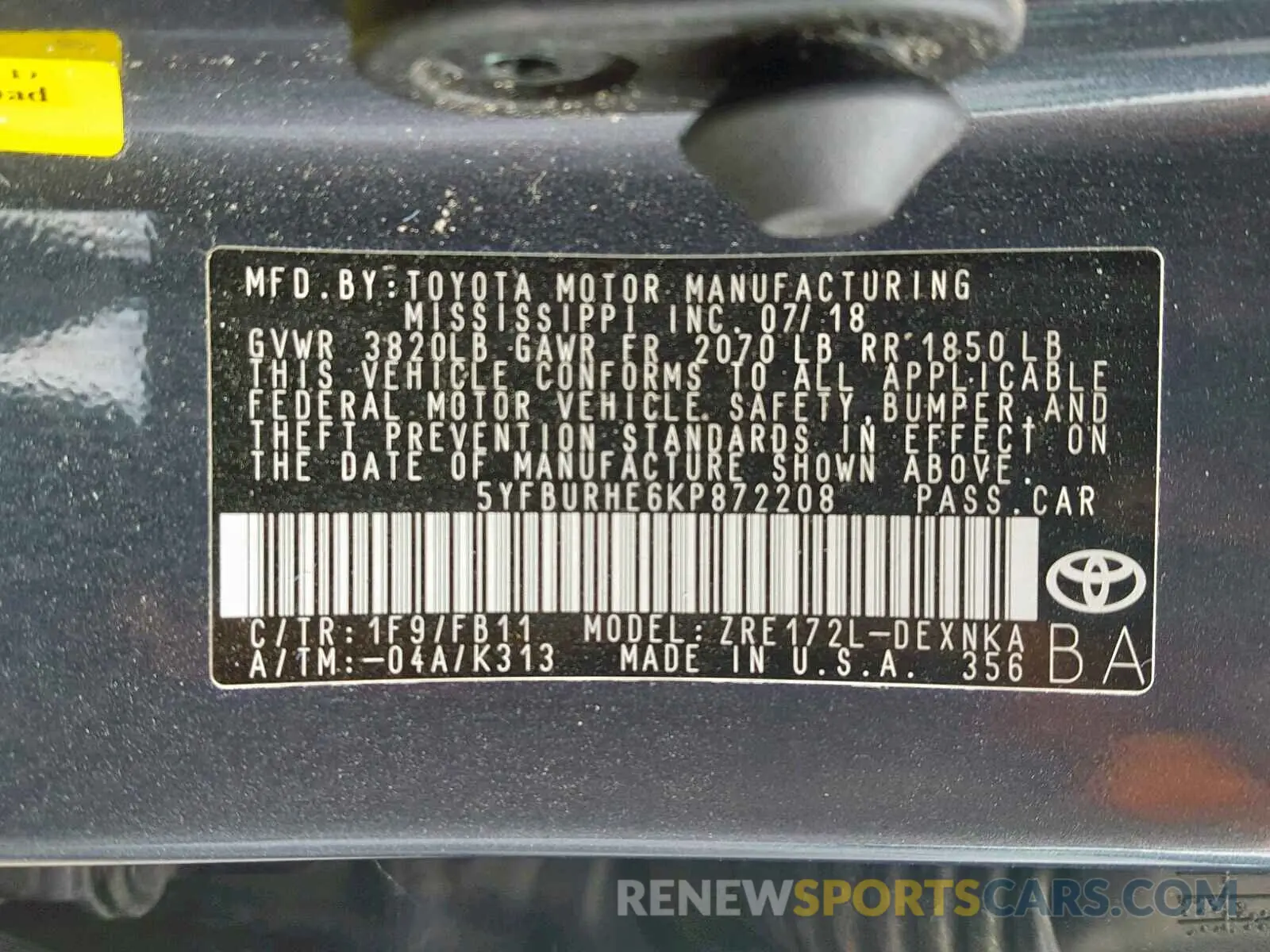 10 fotografías del automóvil dañado 5YFBURHE6KP872208 TOYOTA COROLLA 2019
