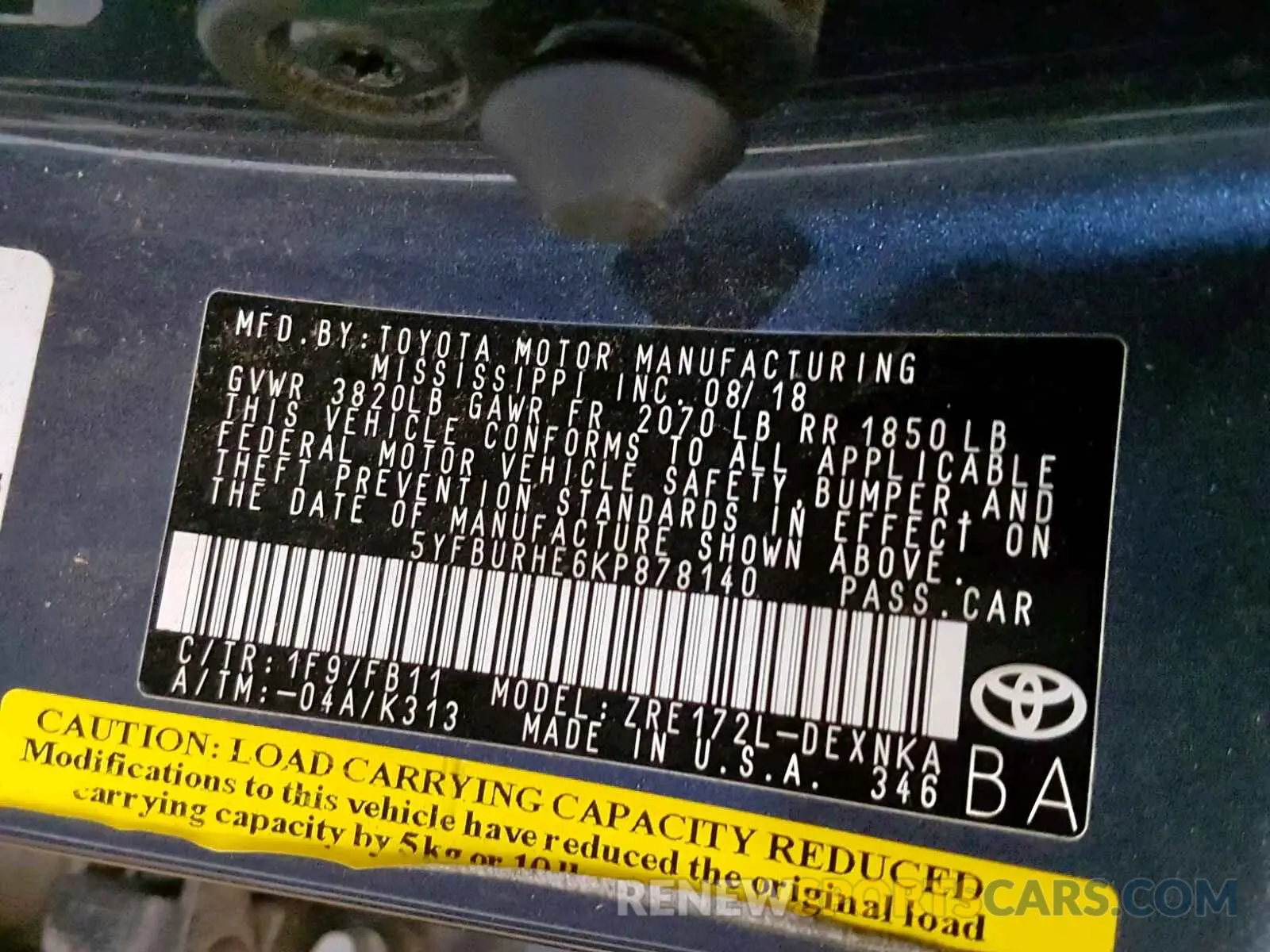 10 fotografías del automóvil dañado 5YFBURHE6KP878140 TOYOTA COROLLA 2019
