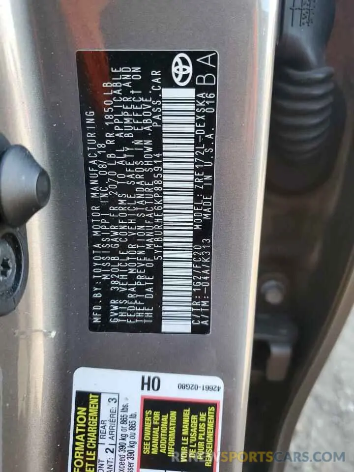 12 fotografías del automóvil dañado 5YFBURHE6KP885914 TOYOTA COROLLA 2019