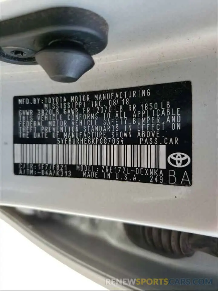 10 fotografías del automóvil dañado 5YFBURHE6KP887064 TOYOTA COROLLA 2019