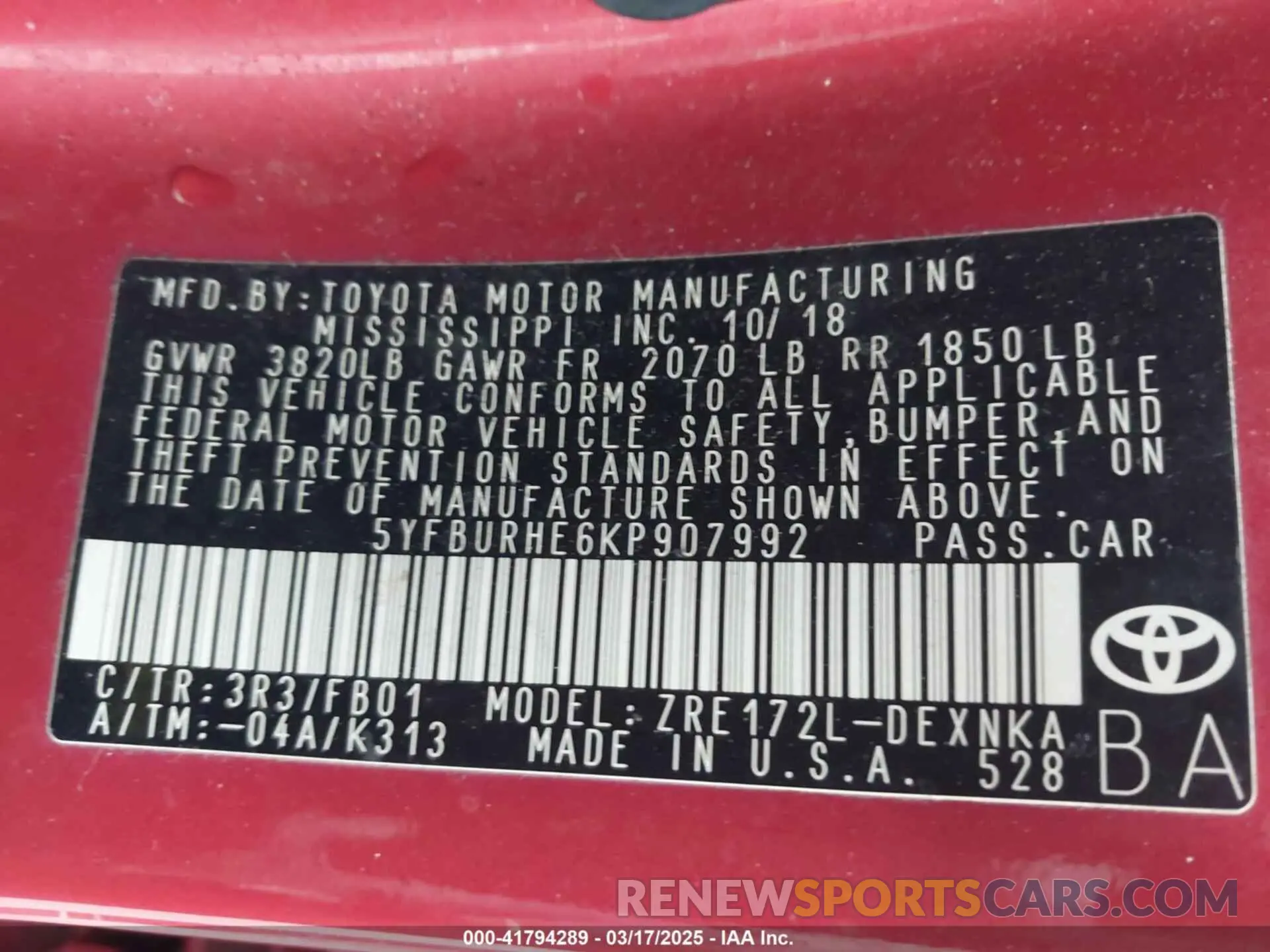7 fotografías del automóvil dañado 5YFBURHE6KP907992 TOYOTA COROLLA 2019