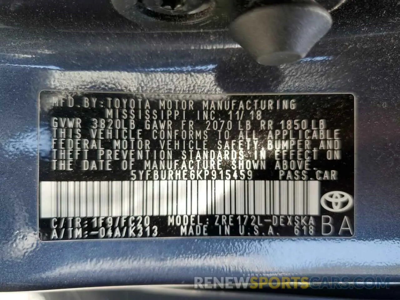 12 fotografías del automóvil dañado 5YFBURHE6KP915459 TOYOTA COROLLA 2019