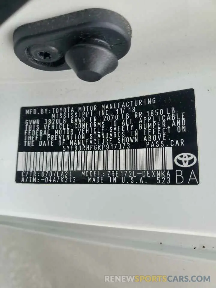 12 fotografías del automóvil dañado 5YFBURHE6KP917373 TOYOTA COROLLA 2019