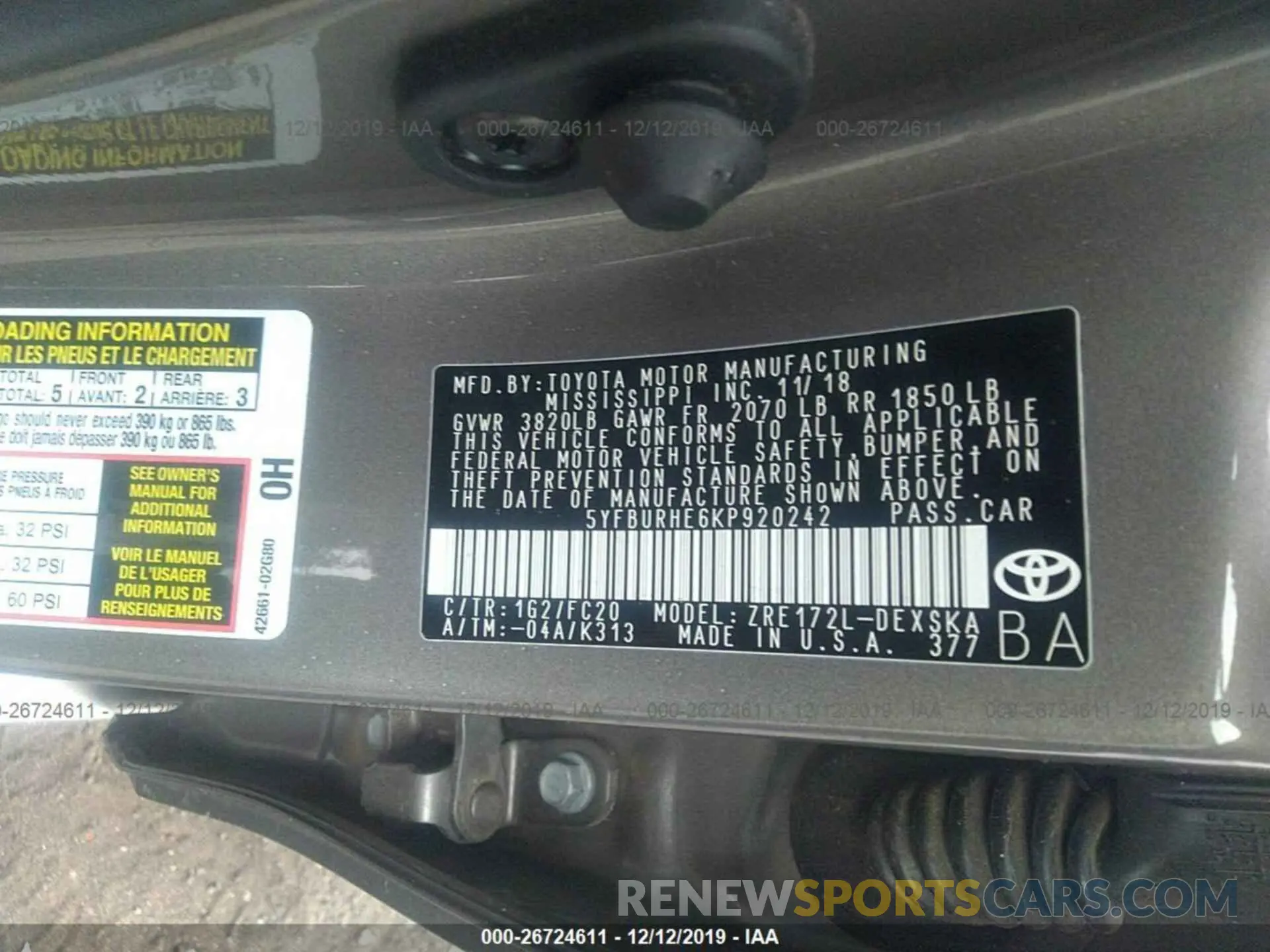 9 fotografías del automóvil dañado 5YFBURHE6KP920242 TOYOTA COROLLA 2019