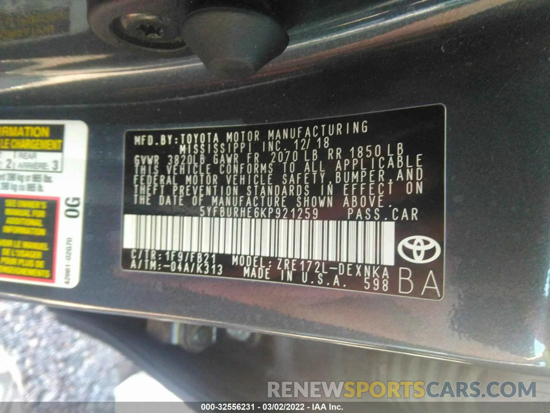 9 fotografías del automóvil dañado 5YFBURHE6KP921259 TOYOTA COROLLA 2019