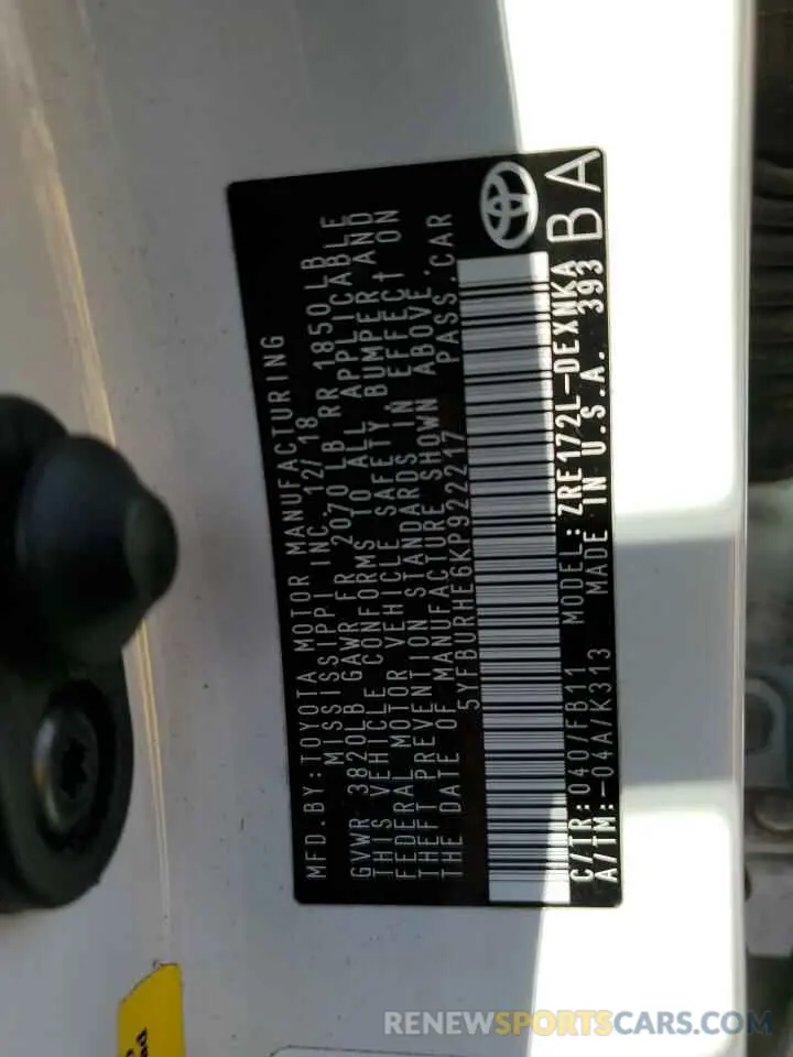 12 fotografías del automóvil dañado 5YFBURHE6KP922217 TOYOTA COROLLA 2019