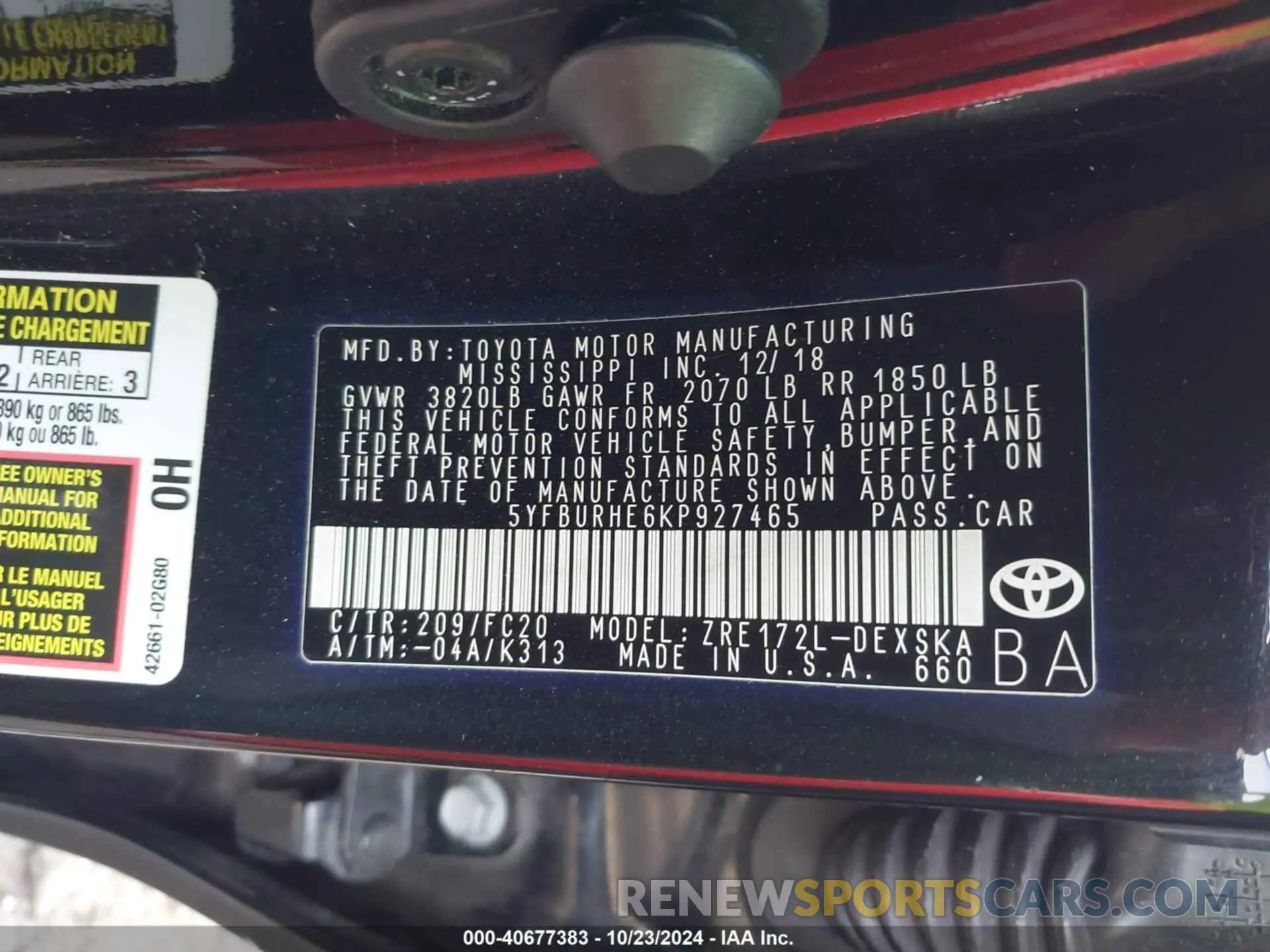 9 fotografías del automóvil dañado 5YFBURHE6KP927465 TOYOTA COROLLA 2019