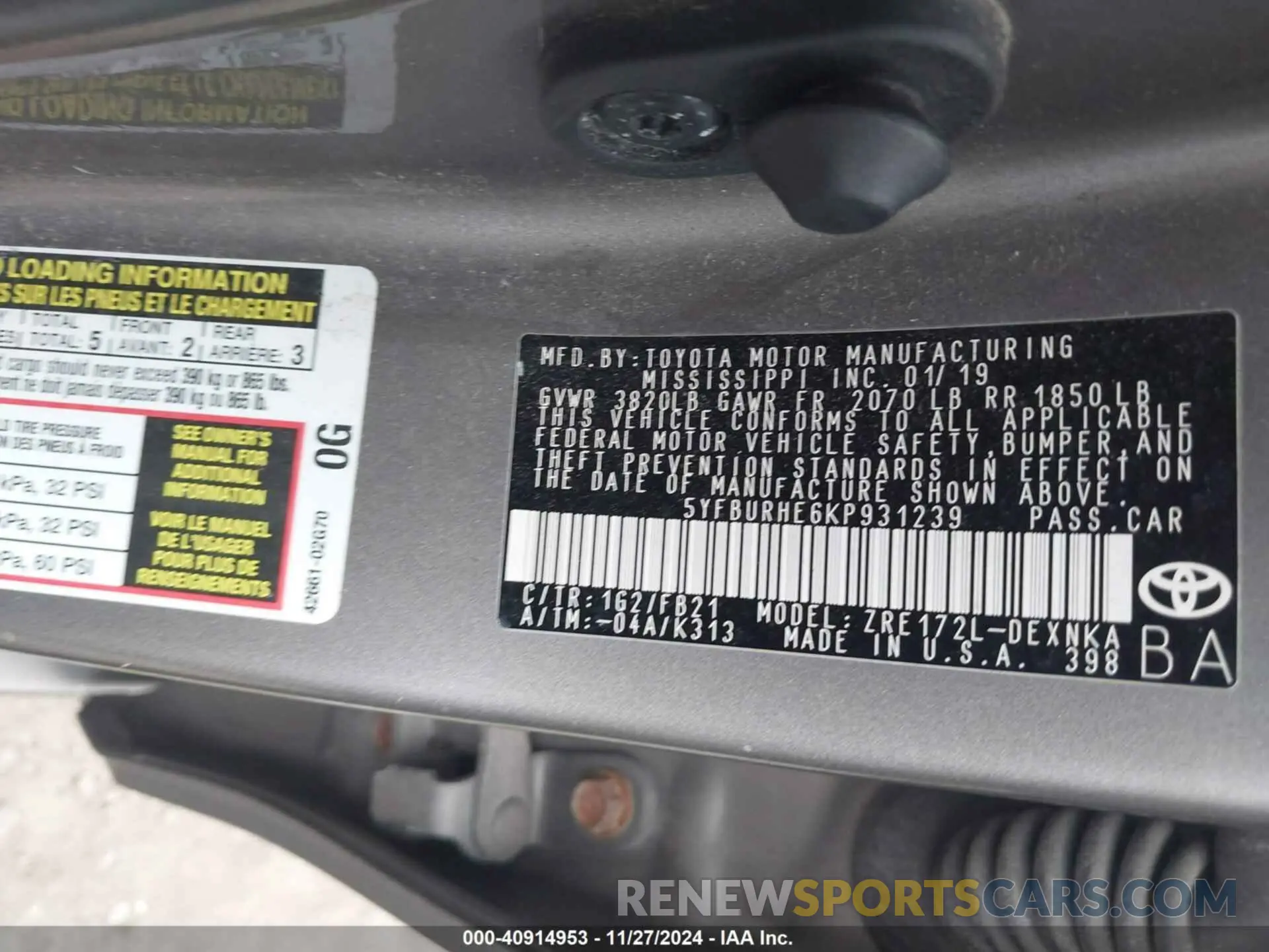9 fotografías del automóvil dañado 5YFBURHE6KP931239 TOYOTA COROLLA 2019