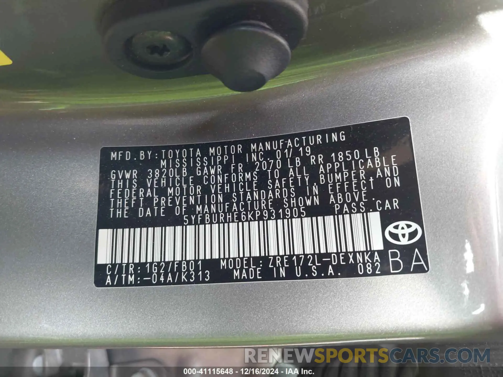 9 fotografías del automóvil dañado 5YFBURHE6KP931905 TOYOTA COROLLA 2019