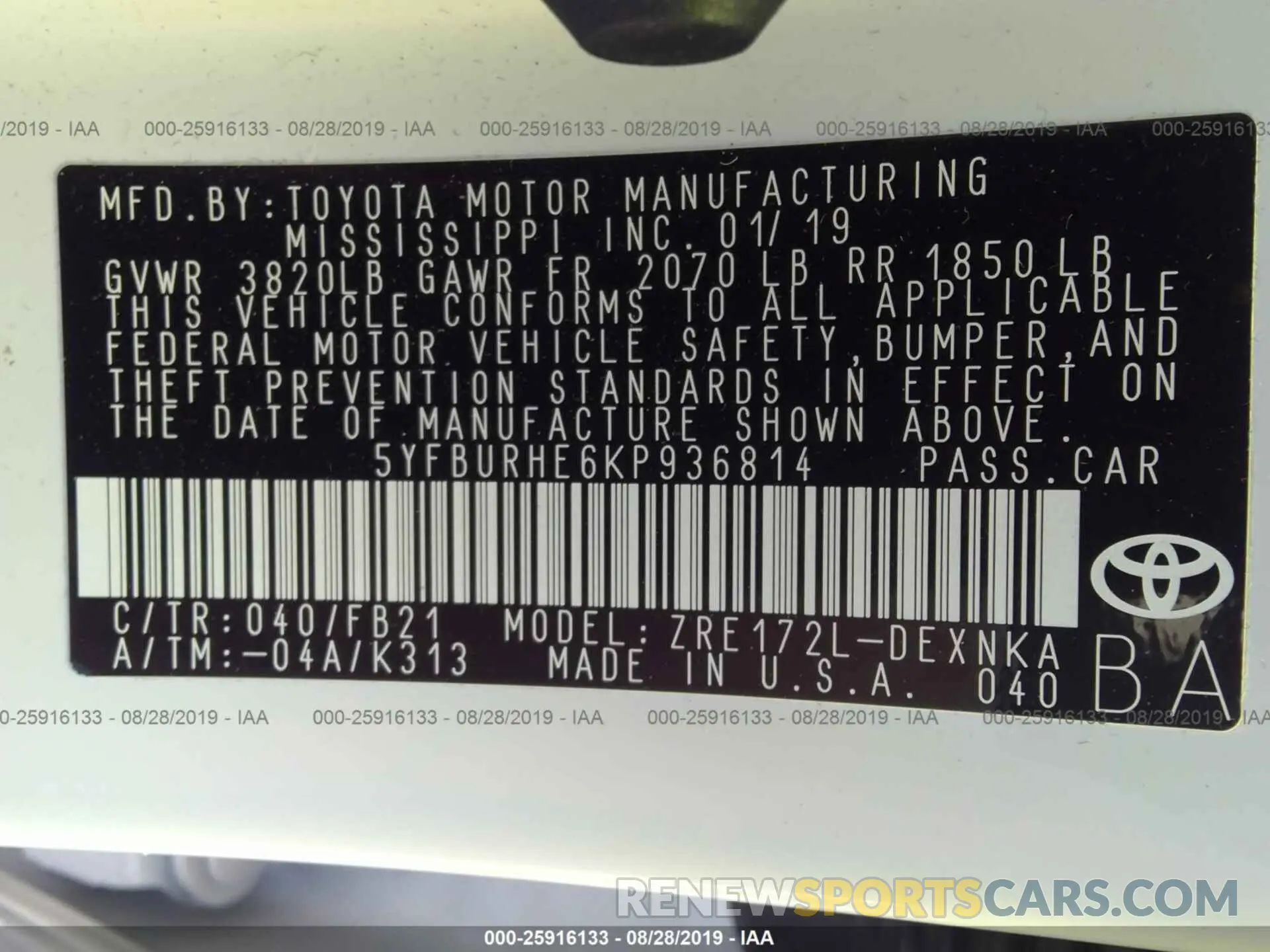 9 fotografías del automóvil dañado 5YFBURHE6KP936814 TOYOTA COROLLA 2019