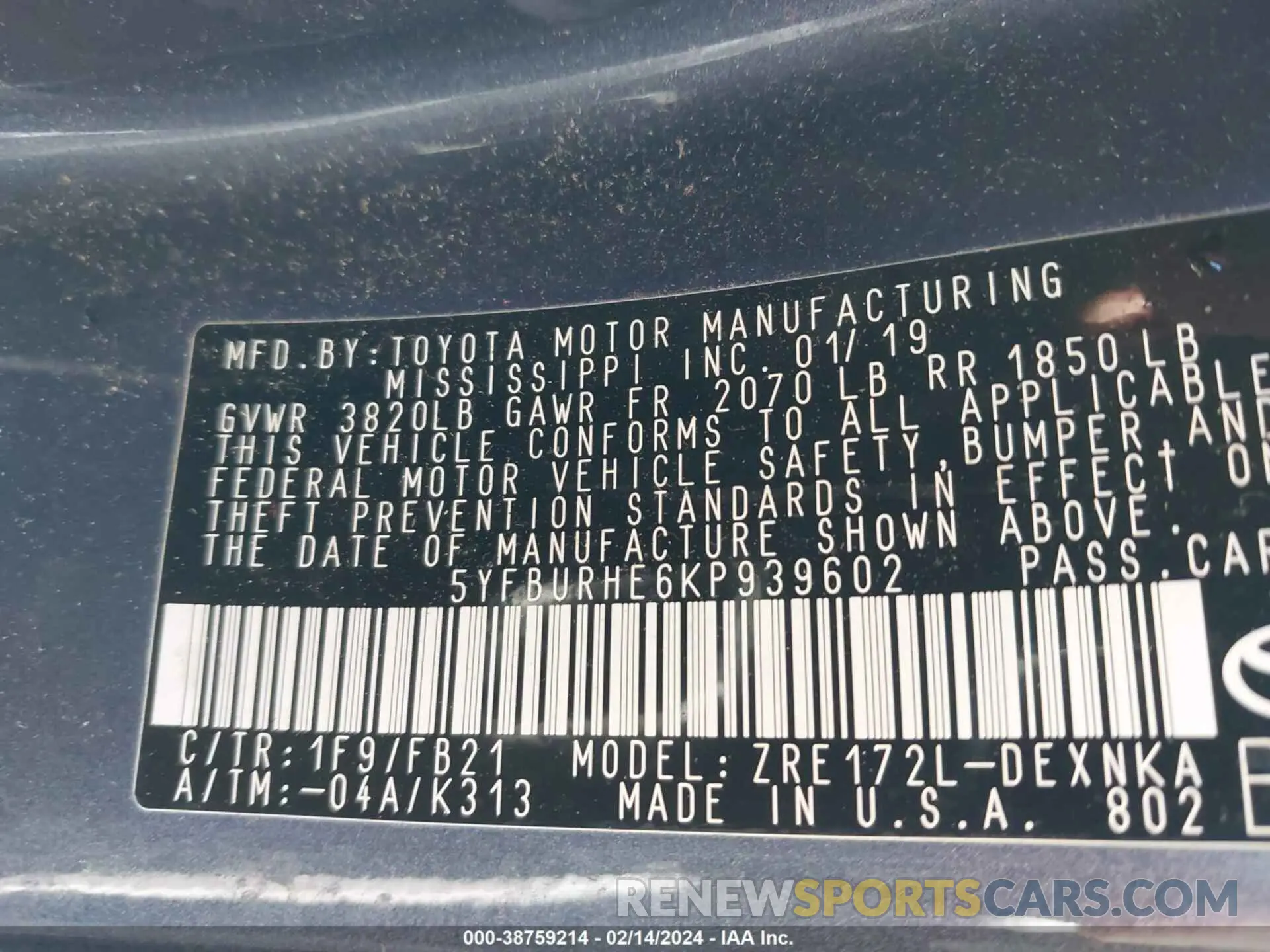 9 fotografías del automóvil dañado 5YFBURHE6KP939602 TOYOTA COROLLA 2019