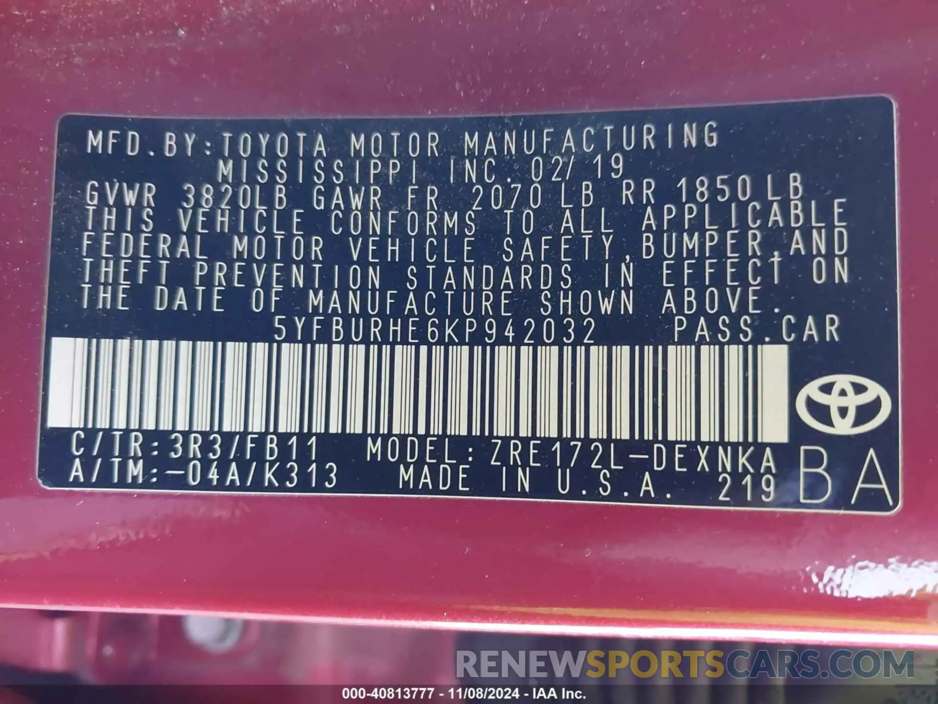 9 fotografías del automóvil dañado 5YFBURHE6KP942032 TOYOTA COROLLA 2019