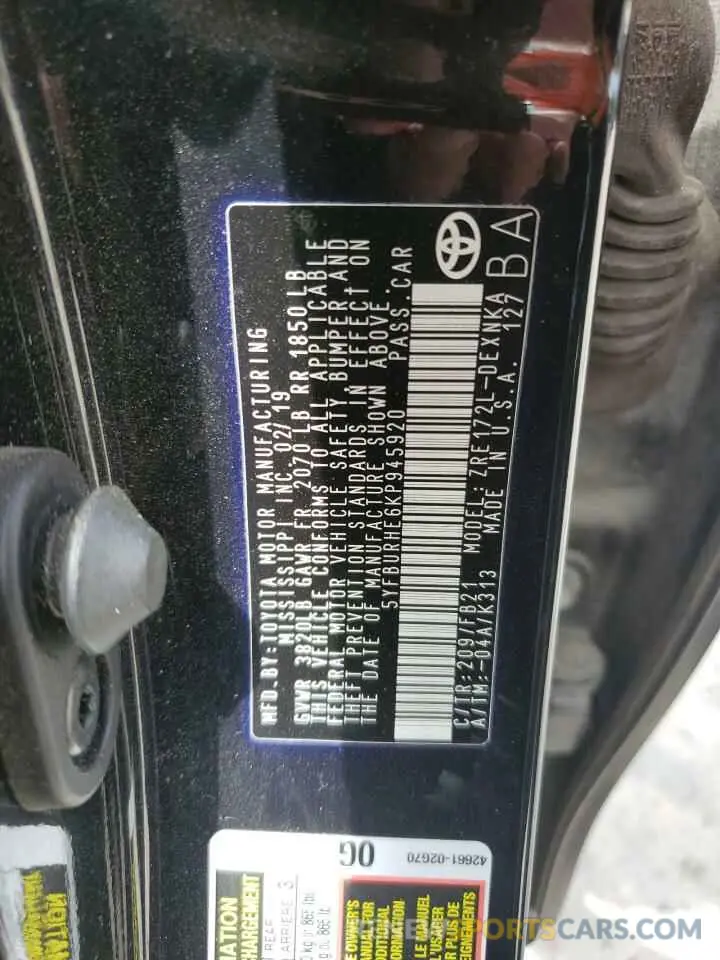 12 fotografías del automóvil dañado 5YFBURHE6KP945920 TOYOTA COROLLA 2019