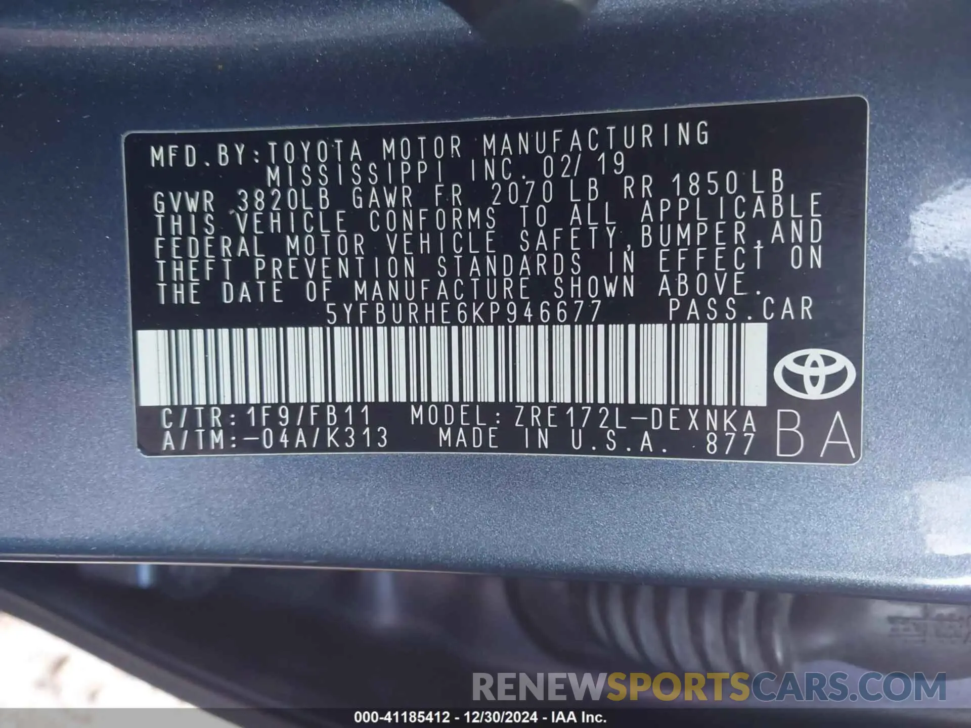 9 fotografías del automóvil dañado 5YFBURHE6KP946677 TOYOTA COROLLA 2019
