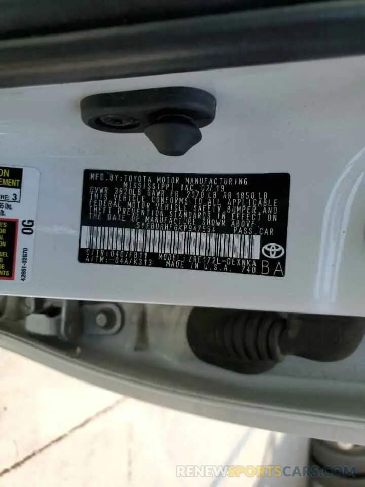 10 fotografías del automóvil dañado 5YFBURHE6KP947554 TOYOTA COROLLA 2019