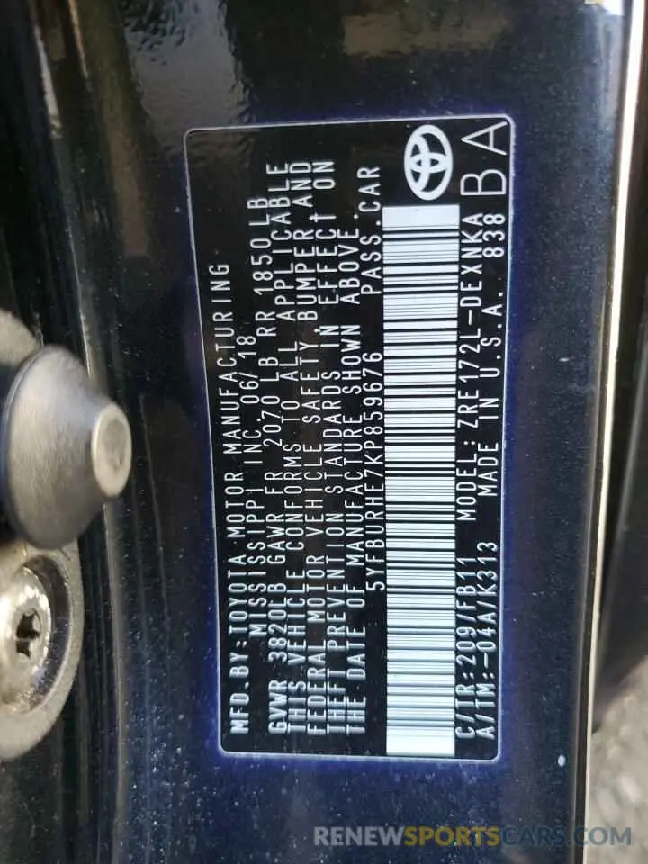 12 fotografías del automóvil dañado 5YFBURHE7KP859676 TOYOTA COROLLA 2019