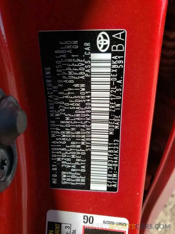 12 fotografías del automóvil dañado 5YFBURHE7KP860441 TOYOTA COROLLA 2019