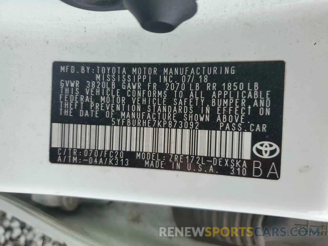 12 fotografías del automóvil dañado 5YFBURHE7KP873092 TOYOTA COROLLA 2019