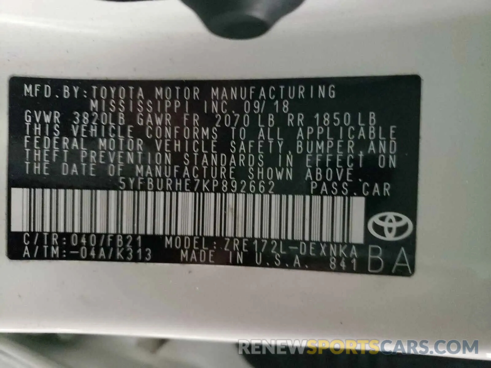 10 fotografías del automóvil dañado 5YFBURHE7KP892662 TOYOTA COROLLA 2019
