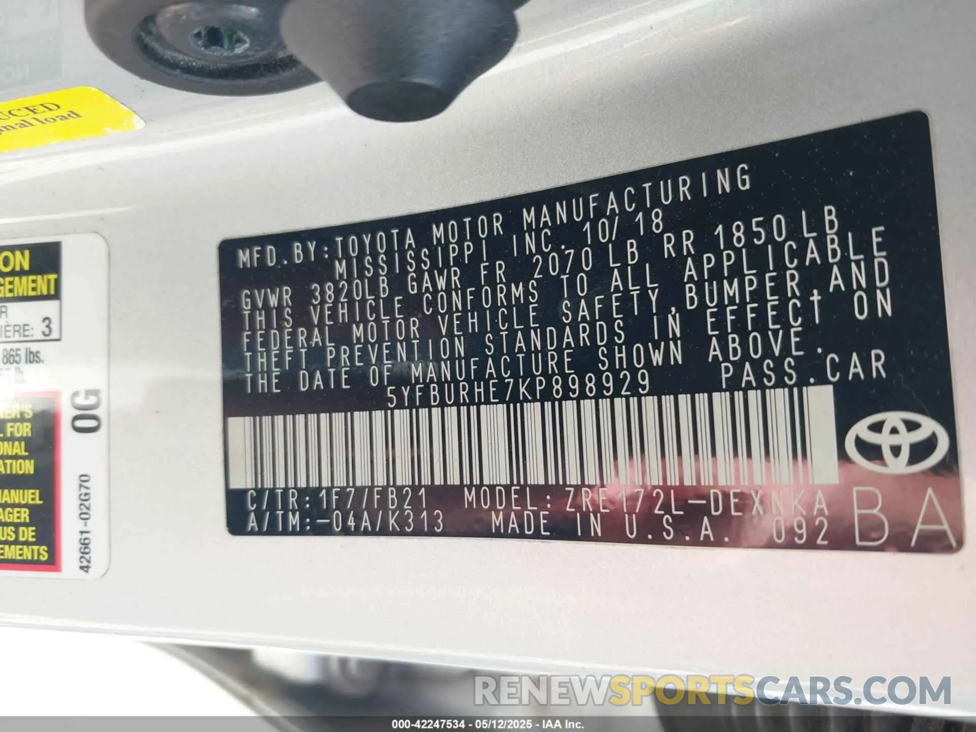 9 fotografías del automóvil dañado 5YFBURHE7KP898929 TOYOTA COROLLA 2019
