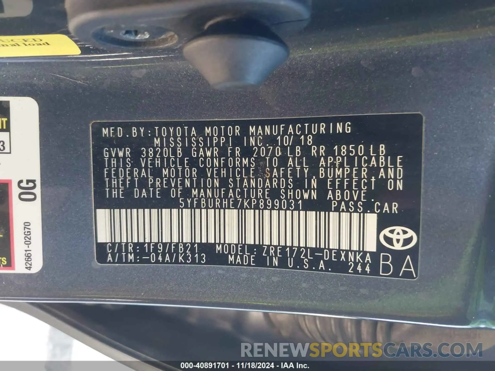9 fotografías del automóvil dañado 5YFBURHE7KP899031 TOYOTA COROLLA 2019
