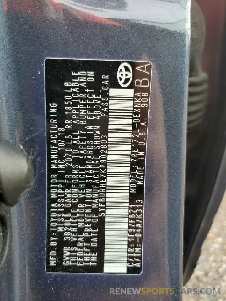 10 fotografías del automóvil dañado 5YFBURHE7KP902803 TOYOTA COROLLA 2019