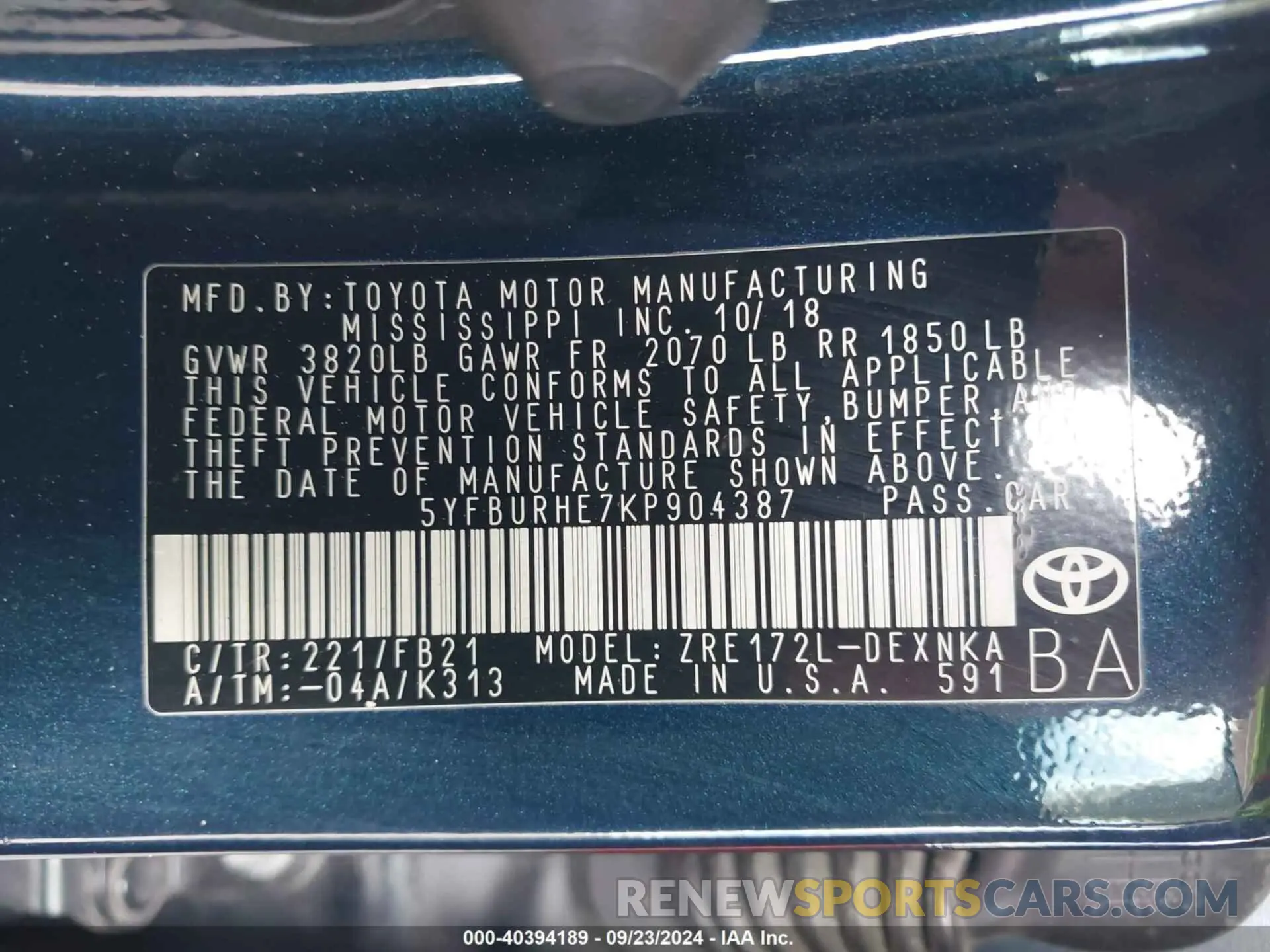 9 fotografías del automóvil dañado 5YFBURHE7KP904387 TOYOTA COROLLA 2019