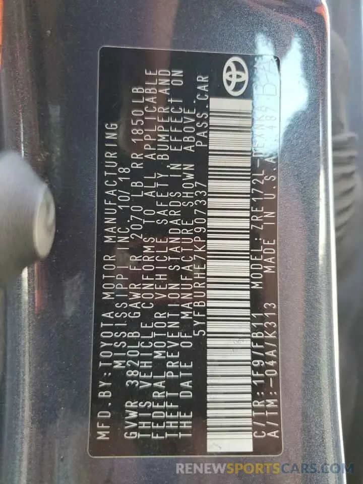 13 fotografías del automóvil dañado 5YFBURHE7KP907337 TOYOTA COROLLA 2019