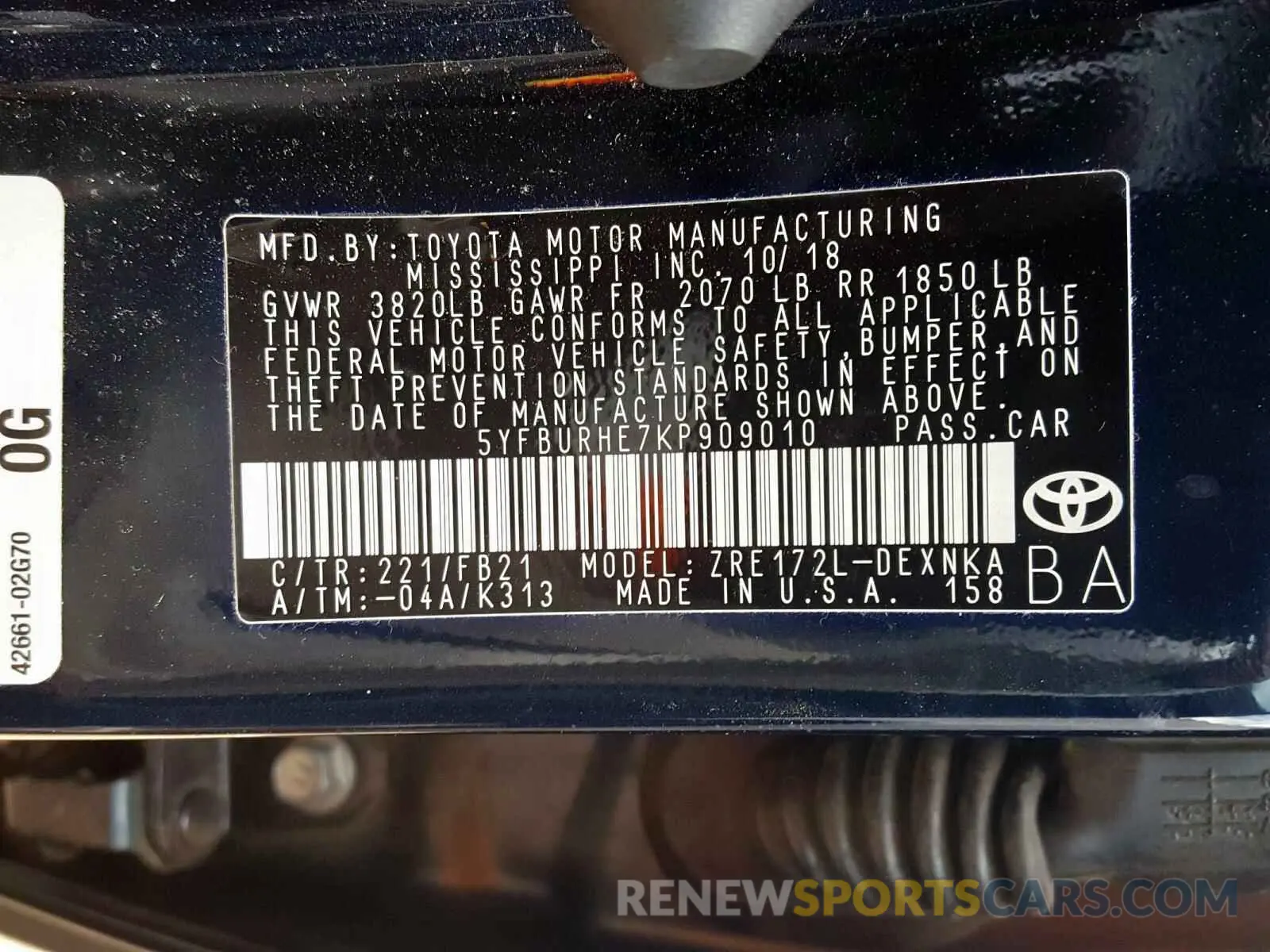 10 fotografías del automóvil dañado 5YFBURHE7KP909010 TOYOTA COROLLA 2019