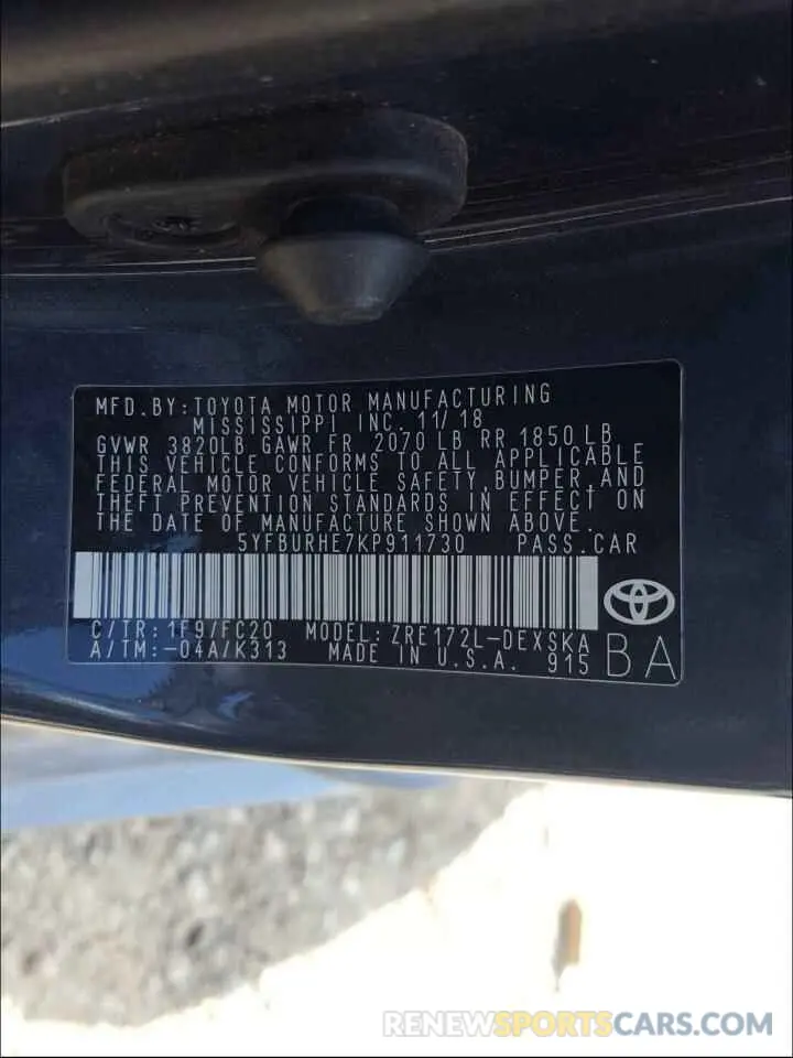 10 fotografías del automóvil dañado 5YFBURHE7KP911730 TOYOTA COROLLA 2019