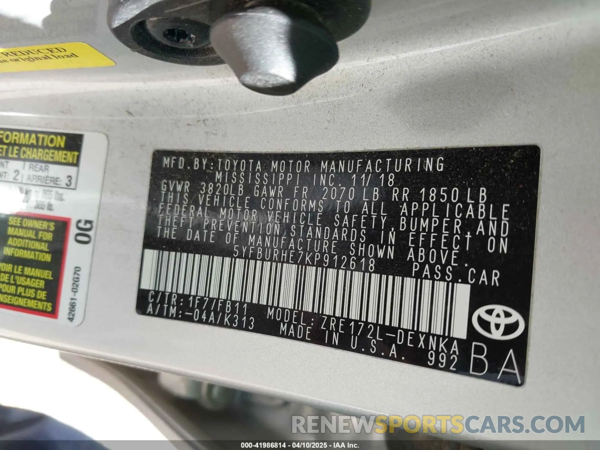 9 fotografías del automóvil dañado 5YFBURHE7KP912618 TOYOTA COROLLA 2019